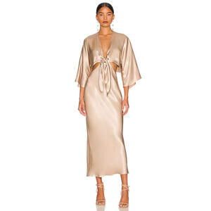 Revolve La Lune La Lune Tie Front Bias Midi Dress gold  Size 6 NWT $340msrp